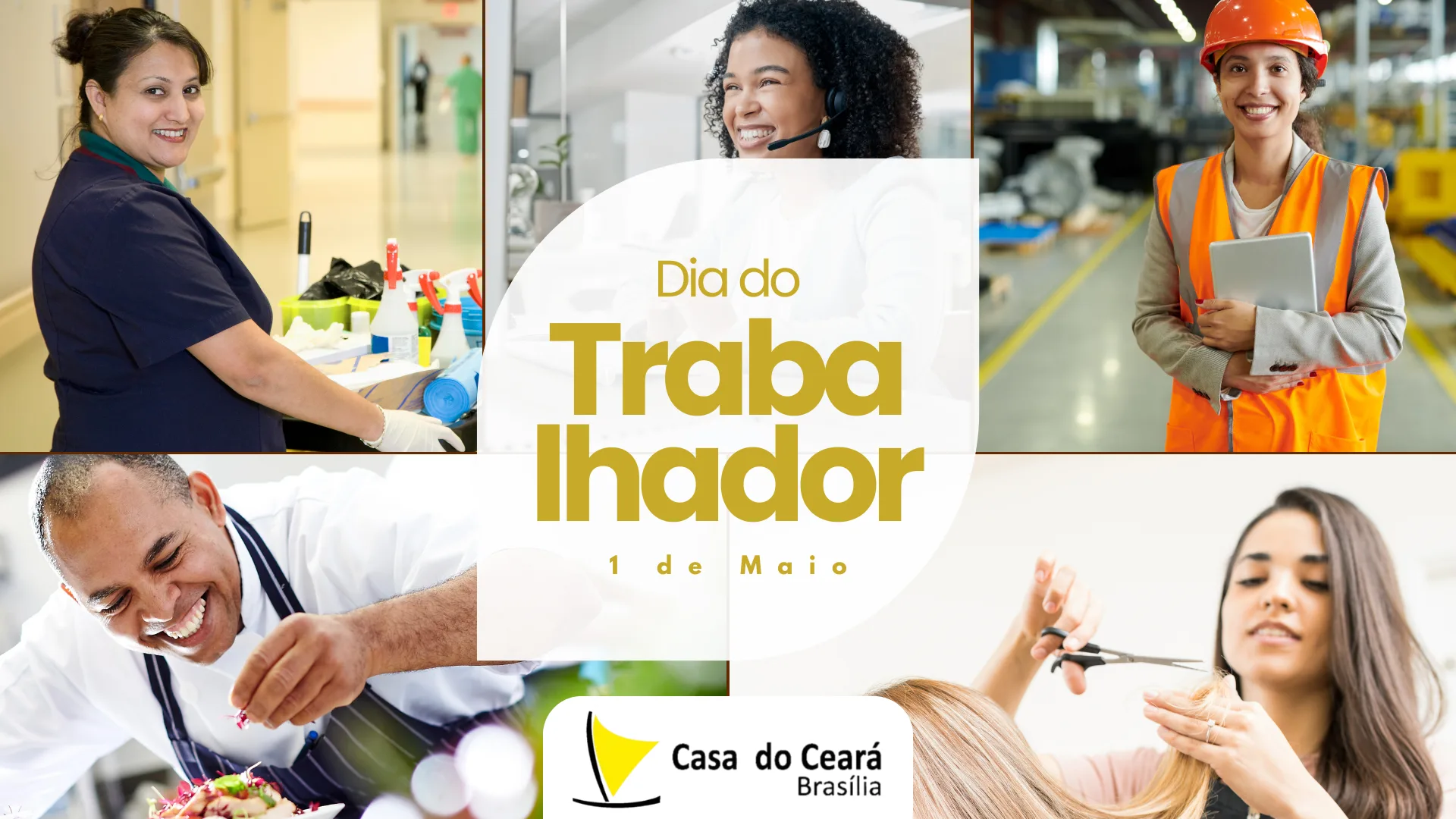 "Trabalhadores de diversas áreas reunidos, simbolizando a diversidade da força de trabalho no Brasil."